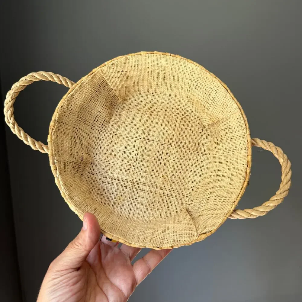 Vintage Handwoven Raffia Straw Basket Fruit Vegetable Boho Cottage Decor
